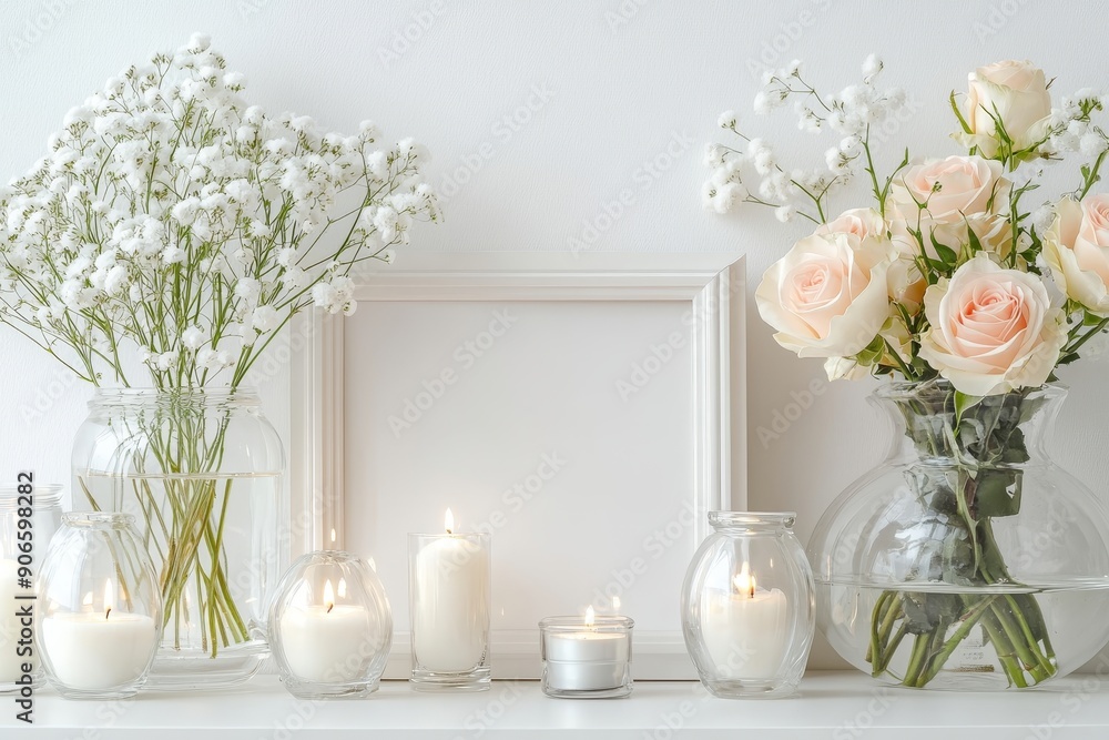 A picture frame, candles, and flowers on a table wall. Mockup template of the front view A picture frame, candles, and flowers on a table wall. Mockup template of the front view