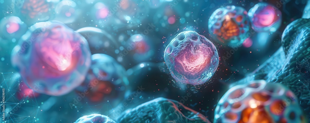 Cell cloning process, detailed view, highlighting the creation of identical cells, futuristic tone, vivid colors, copy space for text, Cell cloning process, detailed view, highlighting the creation of identical cells, futuristic tone, vivid colors, copy space for text,
