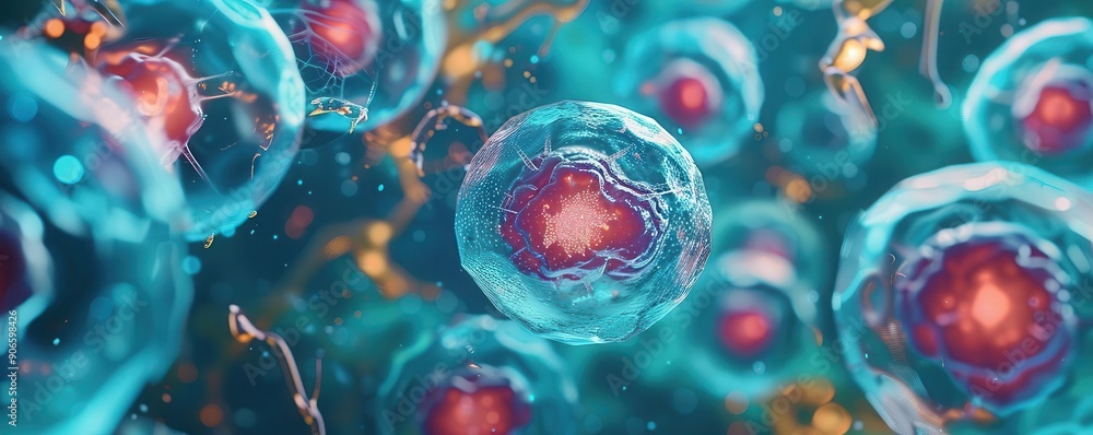 Cell cloning process, detailed view, highlighting the creation of identical cells, futuristic tone, vivid colors, copy space for text, Cell cloning process, detailed view, highlighting the creation of identical cells, futuristic tone, vivid colors, copy space for text,