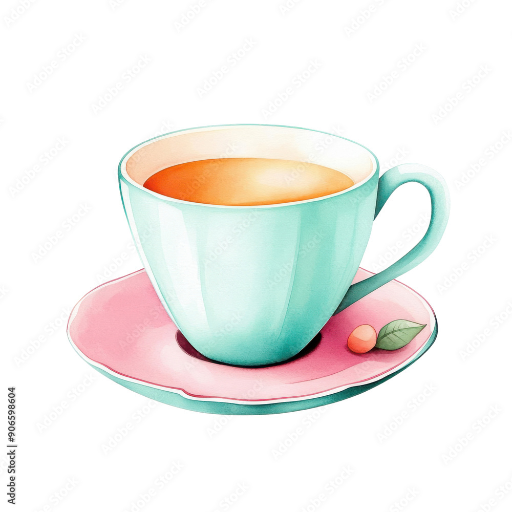 A cup of tea is sitting on a pink plate