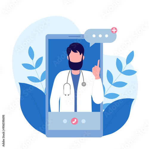 Doctor online. Consultation with doctor using mobile phone or application. Vector illustration in flat cartoon style. The concept of protection and medicine.