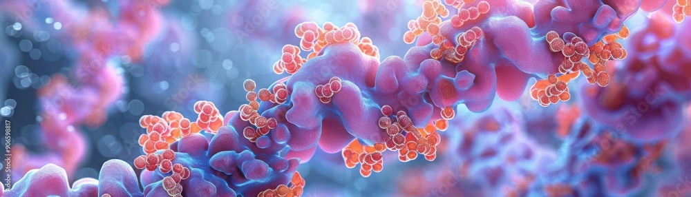 Endoplasmic reticulum with ribosomes attached, top view, depicting protein synthesis and folding, advanced tone, Complementary Color Scheme, copy space for text, Endoplasmic reticulum with ribosomes attached, top view, depicting protein synthesis and folding, advanced tone, Complementary Color Scheme, copy space for text,