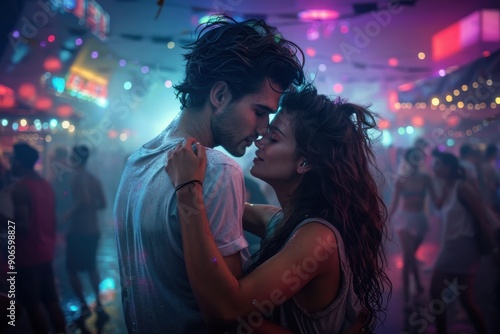 A couple dances closely and embraces amid colorful lights and lively crowd in a vibrant nightclub, enjoying the energetic nightlife atmosphere.