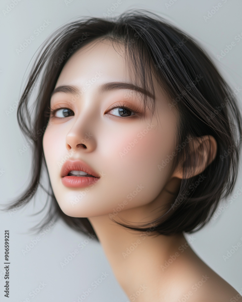 Serene Asian Beauty with Bob Cut in a Studio Portrait Serene Asian Beauty with Bob Cut in a Studio Portrait