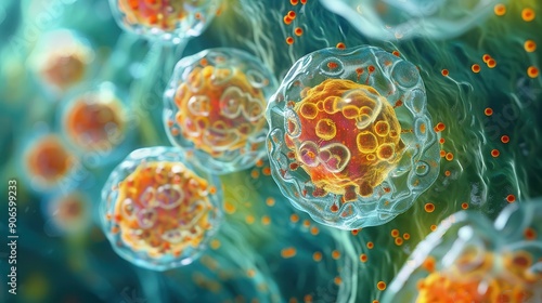 Lysosomes digesting cellular waste, top view, depicting the breakdown of macromolecules, advanced tone, Complementary Color Scheme, copy space for text,