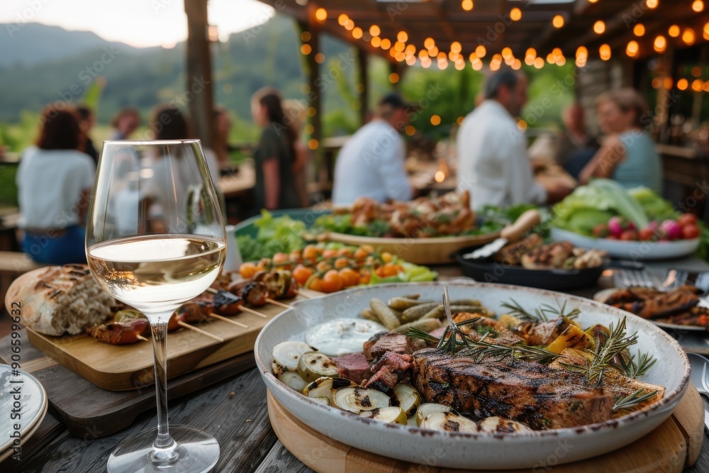 Fototapeta premium A scenic outdoor dining experience showcasing a gourmet meal consisting of grilled meat, vegetables, and a glass of white wine, with mountainous views and soft evening lights.