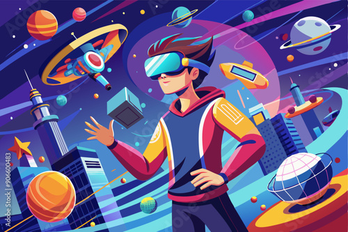 Man in VR glasses vector illustration. Window interfaces with space, cityscape. Virtual reality experience concept