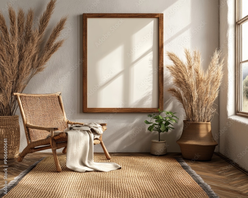 Interior background of farmhouse room, mockup frame in 3D Interior background of farmhouse room, mockup frame in 3D