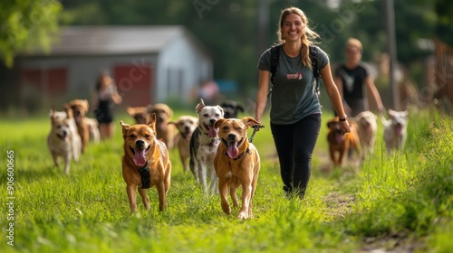 A volunteer is captured walking multiple dogs in a lively parade around the shelter's grounds. The dogs, each with unique appearances and personalities, walk happily alongside the volunteer. The