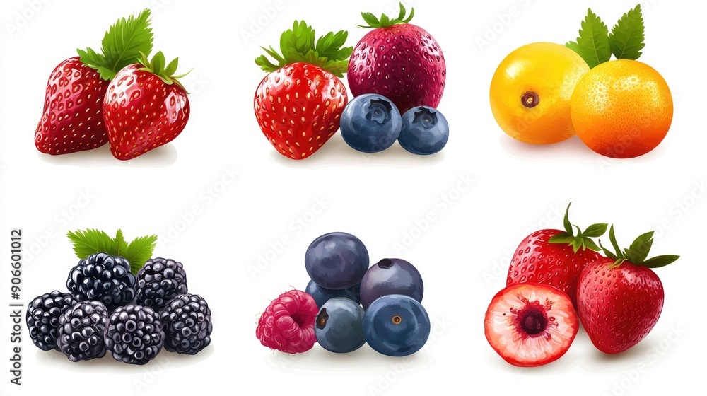 Artistic vector set of various berries and fruits on a crisp white background. Artistic vector set of various berries and fruits on a crisp white background.