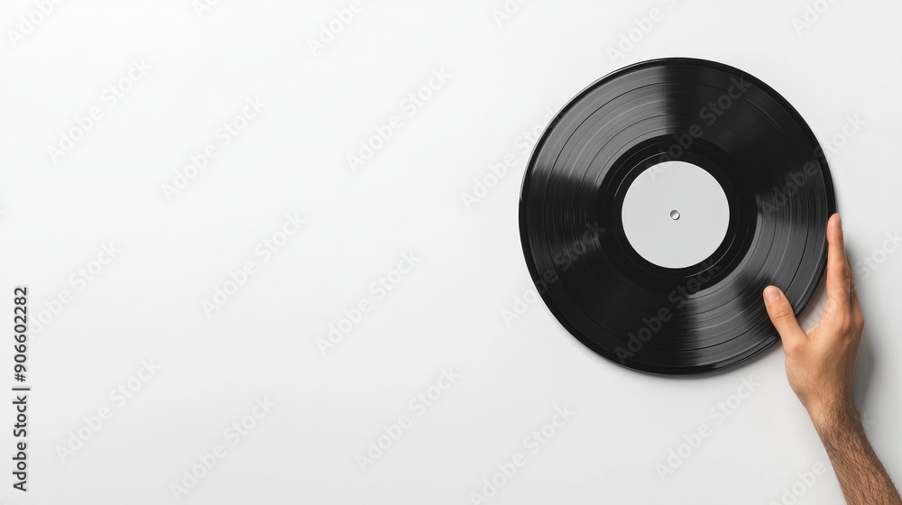 Obraz premium Nostalgic Hand Displaying Vintage Vinyl Record - Retro Music Concept on White Background, Generative Ai