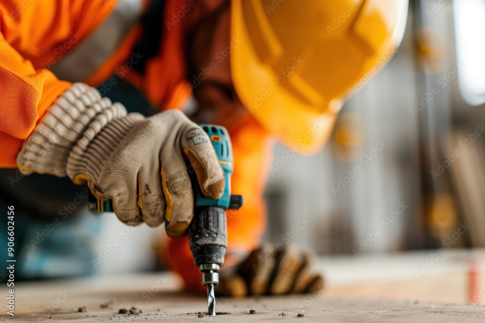 Close-up of a construction worker using a power drill while wearing safety gear, including gloves and a helmet. Close-up of a construction worker using a power drill while wearing safety gear, including gloves and a helmet.