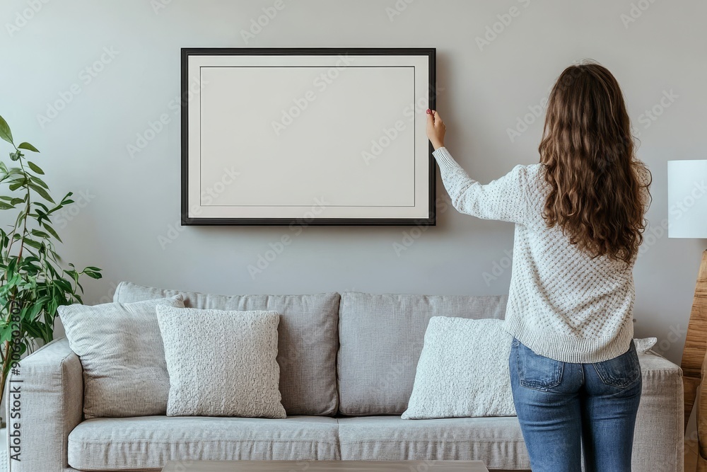An elderly woman hangs a blank frame on a light wall at her home, back view An elderly woman hangs a blank frame on a light wall at her home, back view