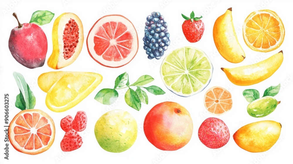 Beautiful set of watercolor fruits on a white background, showcasing vibrant colors. Beautiful set of watercolor fruits on a white background, showcasing vibrant colors.