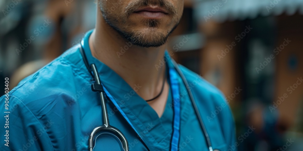 Fototapeta premium Close-Up Portrait of a Nurse in Blue Scrubs Holding a Stethoscope, Medical Professionalism and Care Exemplified.