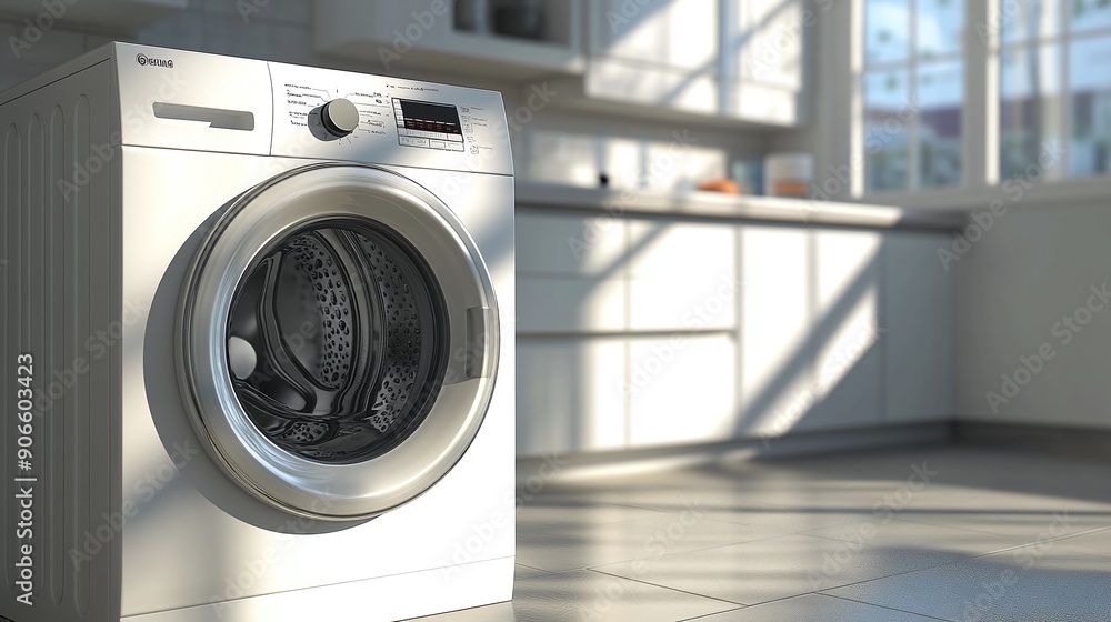 Modern White Washing Machine In A Bright Kitchen With Sunlight Modern White Washing Machine In A Bright Kitchen With Sunlight