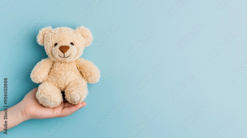 Obraz premium Comforting Childhood Memories - Hand Holding Small Teddy Bear on Soft Blue Background, Generative Ai