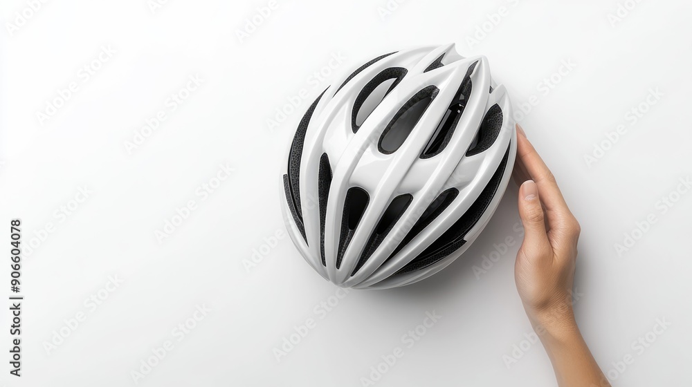 Ensuring Safety: Hand presenting a bicycle helmet on white background, promoting cycling safety awareness., Generative Ai Ensuring Safety: Hand presenting a bicycle helmet on white background, promoting cycling safety awareness., Generative Ai