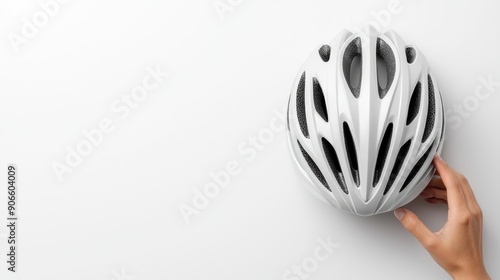 Promoting Safety: Hand Presenting Bicycle Helmet for Cycling on White Background, Generative Ai photo