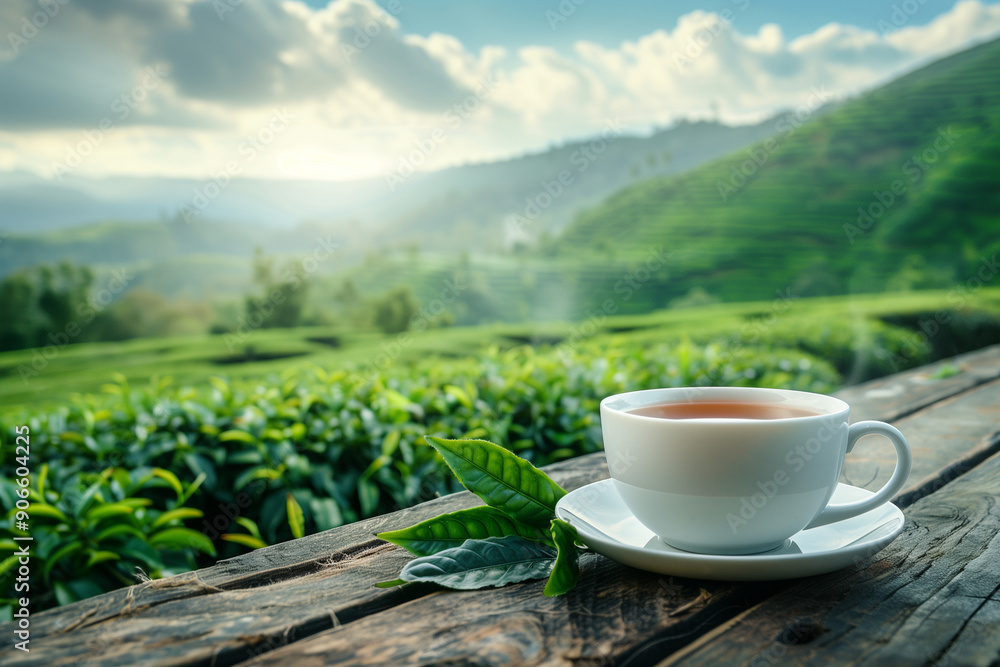A cup of herbal tea is served on a wooden table with a blurred tea plantation in the background A cup of herbal tea is served on a wooden table with a blurred tea plantation in the background