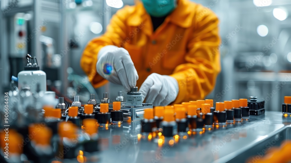 A factory worker wearing gloves and a mask assembles electronic components on a production line in an industrial setting. A factory worker wearing gloves and a mask assembles electronic components on a production line in an industrial setting.