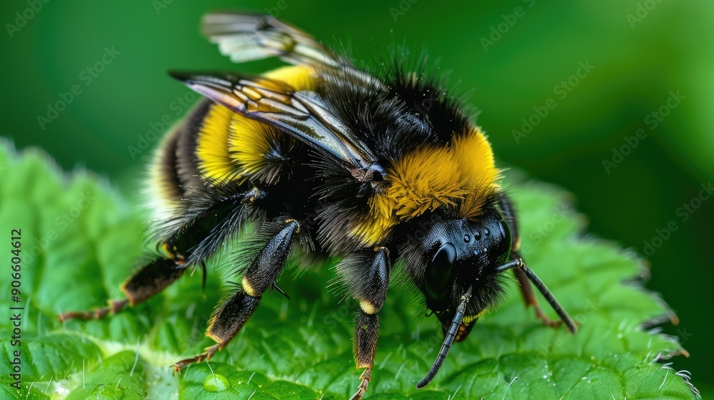 A yellow and black bee is on a leaf. The bee is looking down at the camera. The image has a calm and peaceful mood A yellow and black bee is on a leaf. The bee is looking down at the camera. The image has a calm and peaceful mood