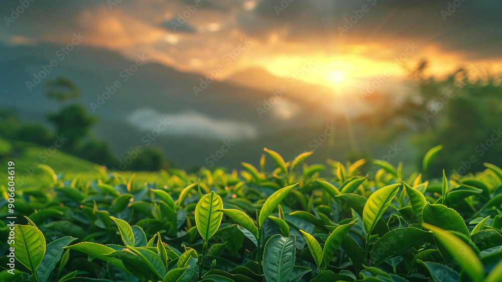 Fototapeta premium Green tea garden background with morning sunlight