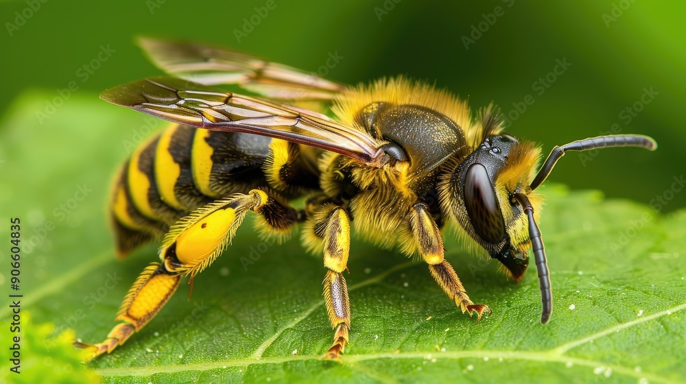 A yellow and black striped bee is on a leaf. The bee is on a leaf that is green and has some dirt on it A yellow and black striped bee is on a leaf. The bee is on a leaf that is green and has some dirt on it
