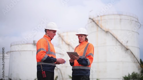 Worker wearing safety helmets and high-visibility jackets, engaged in conversation at an oil refinery with large storage tanks in the background.