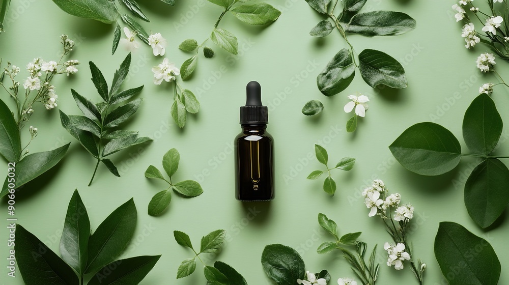 bottle of essential oil surrounded by herbs and flowers on green background.illustration bottle of essential oil surrounded by herbs and flowers on green background.illustration