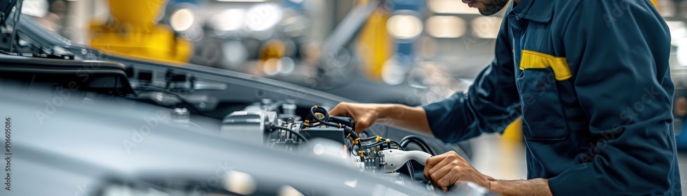 A mechanic in a blue uniform performing maintenance on a car engine in a well-lit automotive workshop. A mechanic in a blue uniform performing maintenance on a car engine in a well-lit automotive workshop.