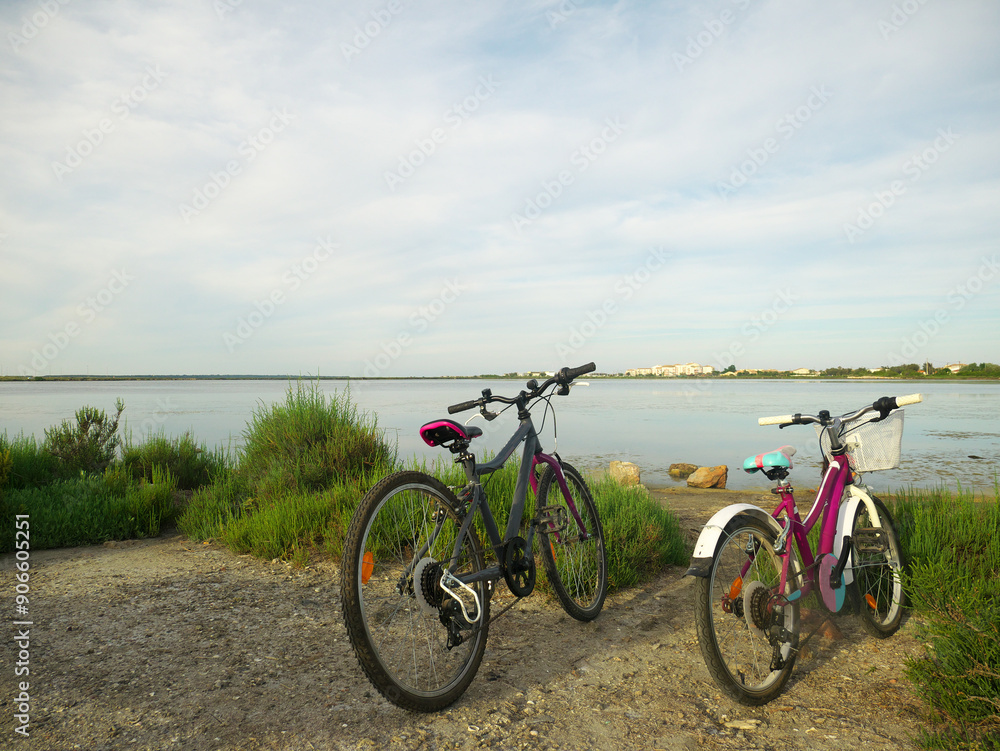 Obraz premium Closeup shot of parked bicycles near a lakeside