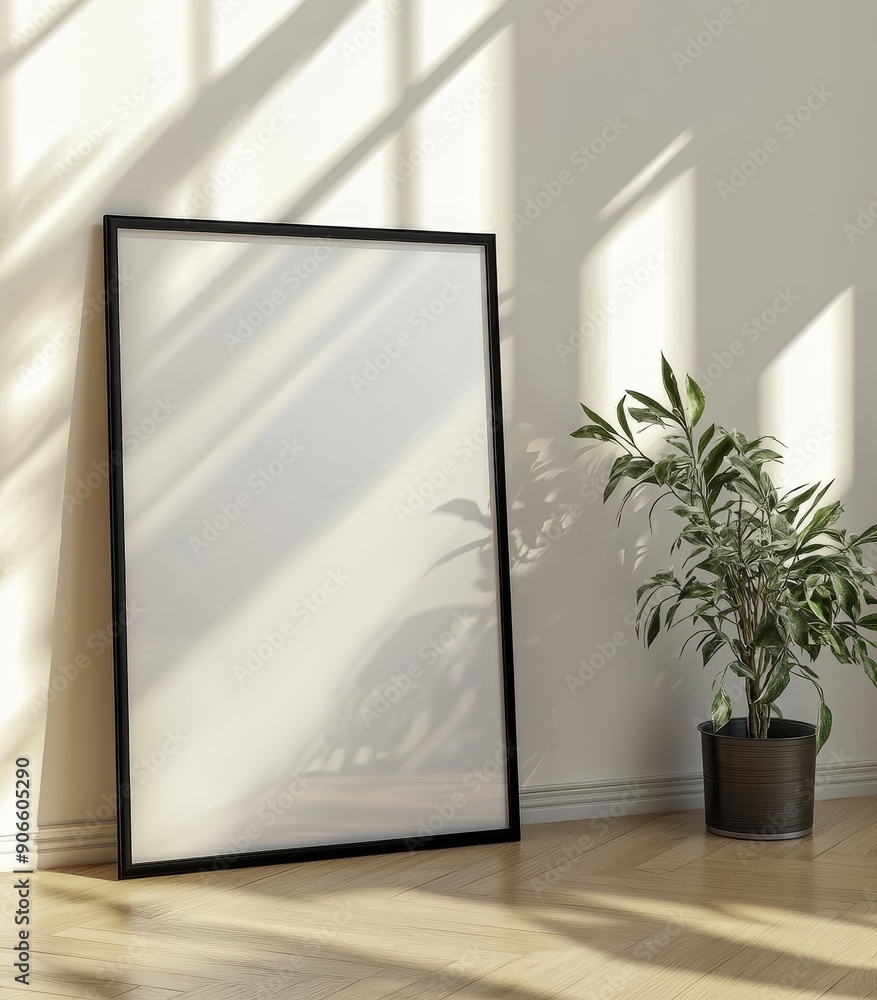 Featuring a minimalist frame mockup poster on a wooden floor with sunlight pouring through it Featuring a minimalist frame mockup poster on a wooden floor with sunlight pouring through it