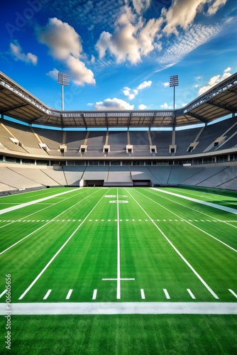 Green grass and white border lines on football ground. Soccer field on artificial turf. Artificial green grass texture. Artificial football field in an open stadium