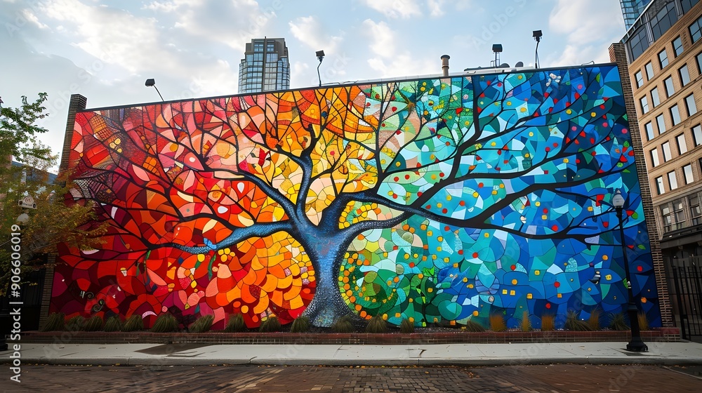 Fototapeta premium A colorful tree mural on a building