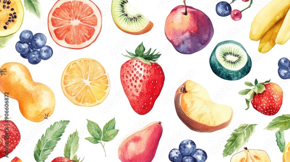 Detailed set of watercolor fruits arranged on a white background. Detailed set of watercolor fruits arranged on a white background.