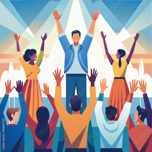 Flat vector image with hands uplifted in worship and singing 
