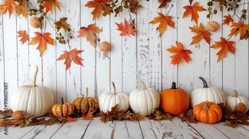 A rustic autumn display with pumpkins, colorful leaves, and wooden background, creating a cozy fall atmosphere.