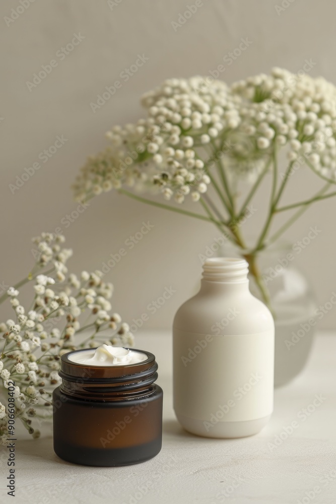 Fototapeta premium Natural beauty cosmetics with organic products displayed in a minimalist setting, emphasizing purity and the use of natural ingredients.