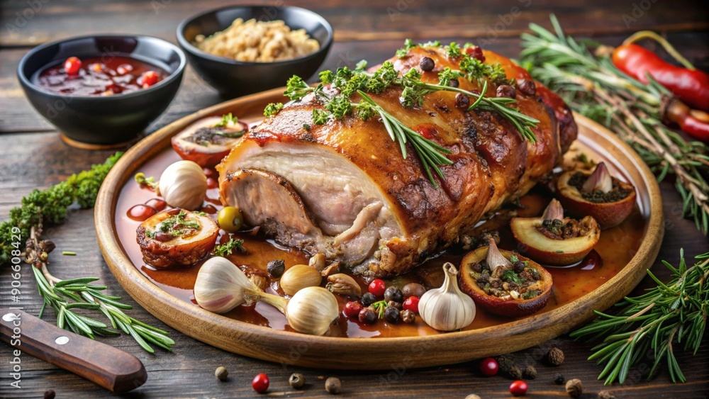 Roast pork leg, grilled pork on charcoal, sauce, mushrooms, seasonings, garlic, thyme and rosemary, on a plate, beautiful presentation of the dish in the restaurant, table setting Roast pork leg, grilled pork on charcoal, sauce, mushrooms, seasonings, garlic, thyme and rosemary, on a plate, beautiful presentation of the dish in the restaurant, table setting