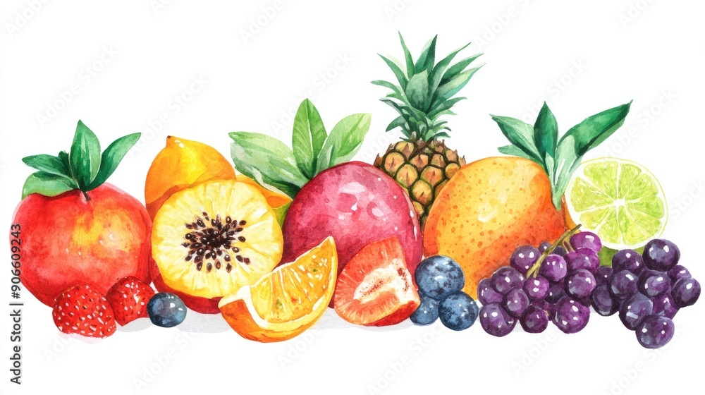 Fresh and juicy watercolor depiction of different fruits on white Fresh and juicy watercolor depiction of different fruits on white