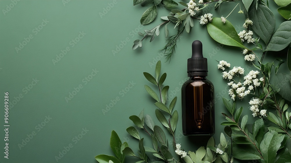 bottle of essential oil surrounded by herbs and flowers on green background.illustration bottle of essential oil surrounded by herbs and flowers on green background.illustration