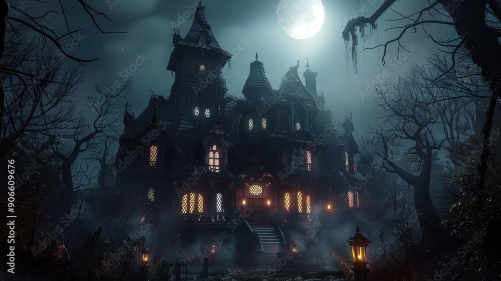 A spooky old mansion illuminated by moonlight and lanterns in a dark eerie forest. A spooky old mansion illuminated by moonlight and lanterns in a dark eerie forest.