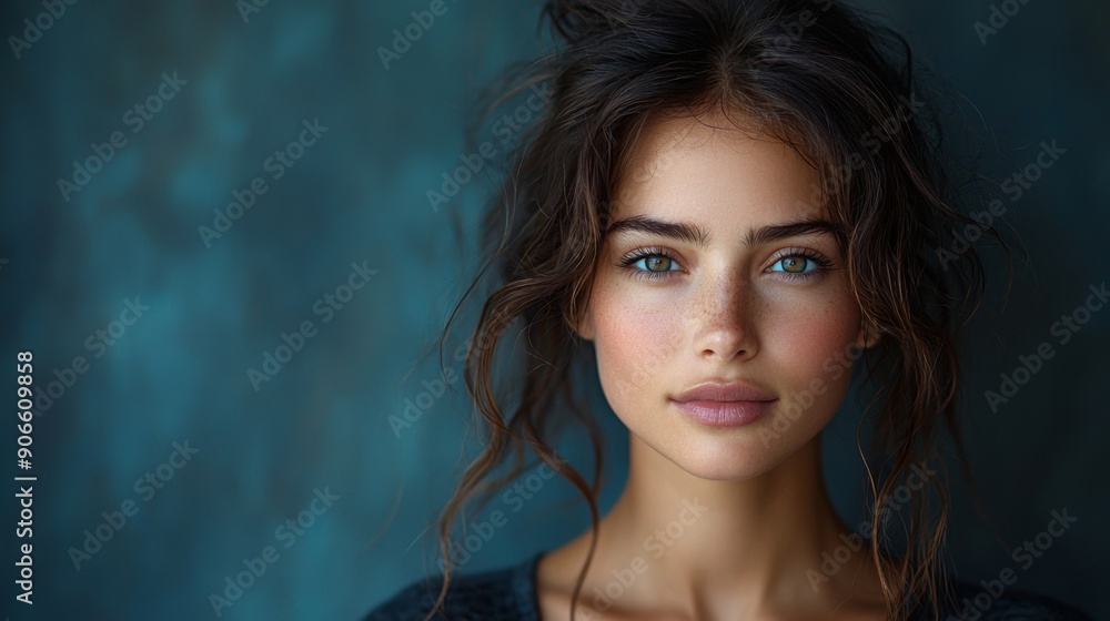 Realistic image with digitally enhanced details of a beautiful young woman on blue background Realistic image with digitally enhanced details of a beautiful young woman on blue background
