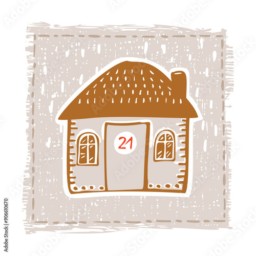 Whimsical Advent Calendar cottage door with numbers for december festive Christmas countdown . Winter holiday social media promotion campaign festive sales and cute hand drawn festive home card design