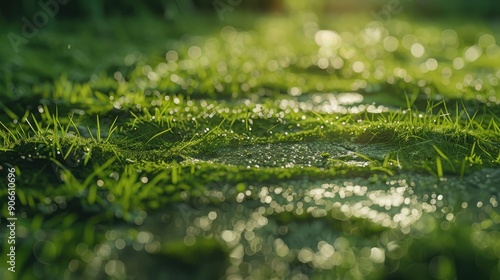 A lush green field with raindrops on the grass. Concept of tranquility and serenity, as the raindrops create a peaceful atmosphere