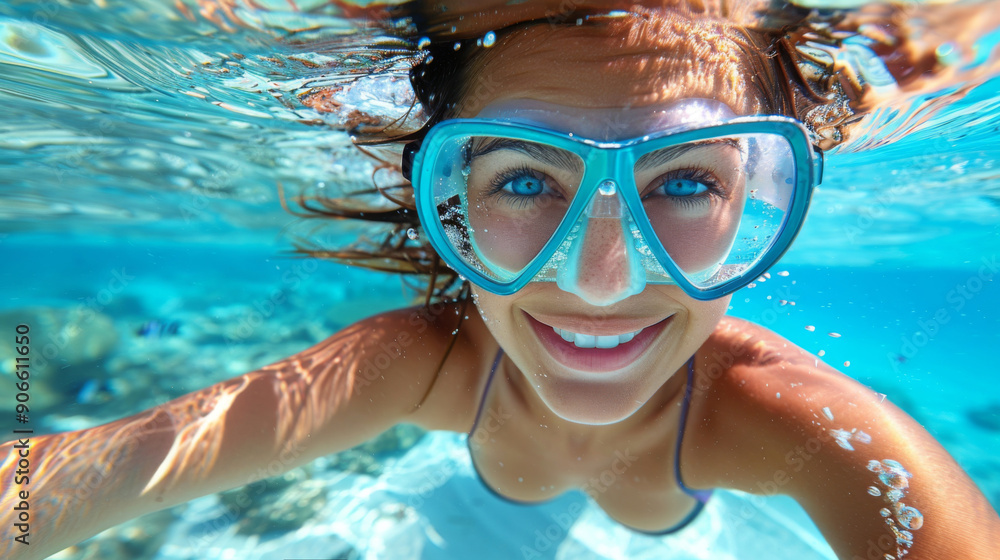 Naklejka premium Woman snorkeling underwater, wearing a mask and snorkel, in clear blue waters with visible coral reef background. Concept of adventure and exploration.