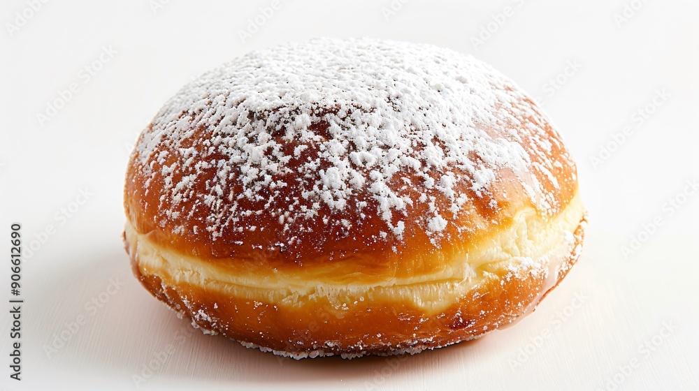 Close-Up of a Sufganiyah with Powdered Sugar and Jelly Filling on White Background Close-Up of a Sufganiyah with Powdered Sugar and Jelly Filling on White Background