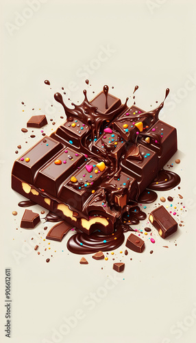 Chocolate bar pieces with splash