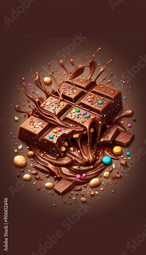 Chocolate bar pieces with splash